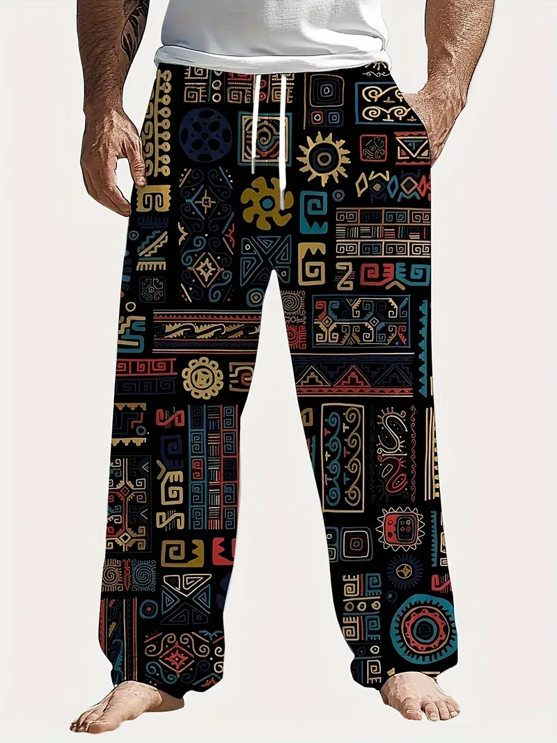 Men's Summer Casual Loose-Fit Pants with Vibrant Tribal Geometric 3D Digital Print